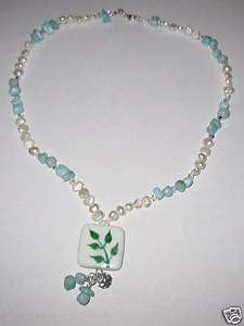 Lariat Eco Style Genuine Larimar Pearl Crystal necklace  