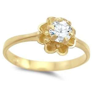 CZ Solitaire Flower Ring 14k Yellow Gold Cubic Zirconia Anniversary 