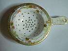 LOVELY ANTIQUE PORCELAIN TEA STRAINER PAINTED PINK FLOWERS GOLD BEADED 