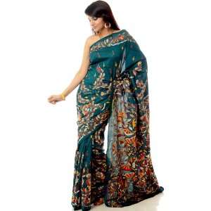  Teal Kantha Sari with Hand Embroidered Vegetative Motifs 