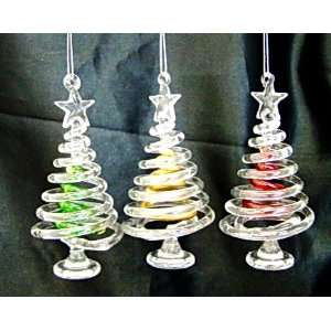  Set of 3 Glass Spiral Christmas Trees Ornaments Red Green 