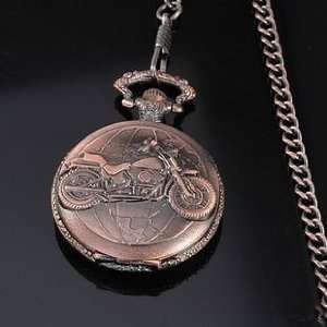 Vintage Style Red Copper Motorcycle Carve Pocket Watch Necklace Chain 