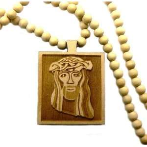 Natural Wooden Jesus On Square Pendant with a 36 Inch Beaded Necklace 