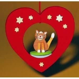  Heart with Cat German Wood Christmas Tree Ornament
