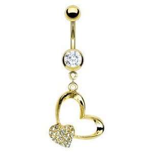  Belly Navel Ring Cz Clear Gem Gold Plated Pave Heart and 