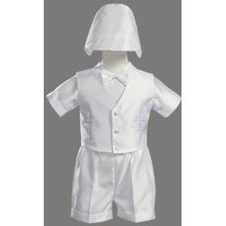 White Embroidered Shantung Chistening Baptism Vest and Short Set with 