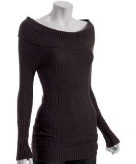 BCBGMAXAZRIA dark plum cable knit off the shoulder sweater   