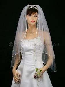 2T White Wedding Bridal Fingertip Rhinestone Veil  