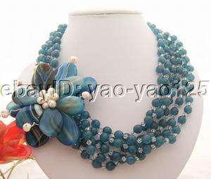 6Strds Pearl&Blue Jade&Crystal&Agate Flower Necklace  