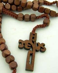 Wood Rope Rosary Necklace Jesus Cross Square Beads Sturdy Construction 