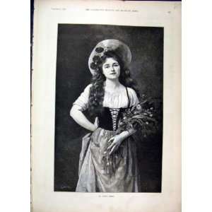  1892 Portrait Woman Bunch Flowers Fancy Dress Print