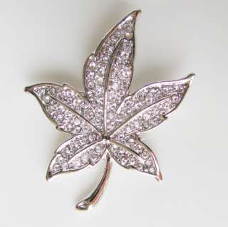 Maple Leaf brooch pin ,swarovski crystal, white gold GP, wedding 