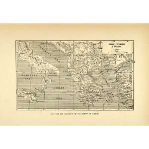 1890 Wood Engraving Map Roman Invasion Greece Ionian Sea Italy Aegean 