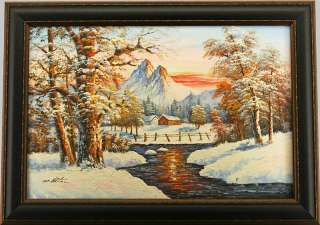 Winter Mountain Snow Cabin River   FRAMED OIL PAINTING  