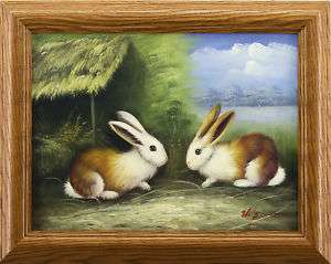 Bunny Rabbits Animal Couple Straw   FRAMED OIL PAINTING  