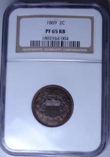 1869 2 CENT PIECE NGC PROOF 65 RB VERY PRETTY COIN  