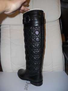 Christian Dior Cannage Buckled Knee High Quilted Flat Black Boots 38.5 