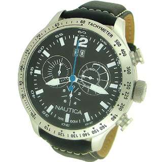 Nautica N19560G Black Round Dial Black Leather Mens Watch  