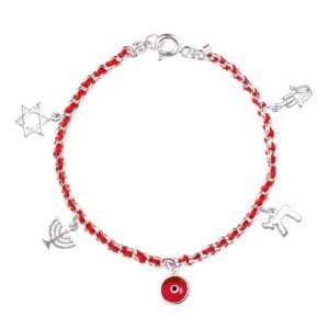 Kabbalah Red String Bracelet Woven in Silver with Five Traditional 