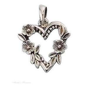  Sterling Silver Open Heart With Three Flowers Pendant 