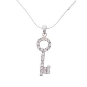  Sterling Silver CZ Lined Skeleton Key Necklace with 18 
