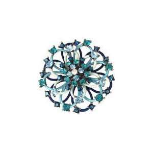  Blue Enamel and Swarovski Crystal Open Ring Flower Brooch 