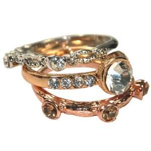 Sparkling Crystal Triple Silver Rose and Gold Tone Stackable Ring Set 