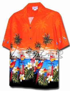 New Mens Orange Hawaiian Aloha Shirt Parrots Beach  