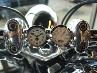 MOTORCYCLE HANDLEBAR CLOCK AND FAHRENHEIT THERMOMETER WITH WHITE DIALS