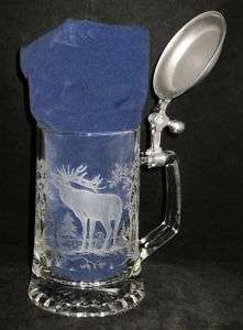 FIYE Etched Glass Beer Stein, made in Italy, Moose Elk  