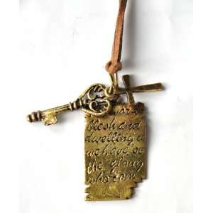 Vintage Shakespeare cross key cord long necklace bronze tone jewelry 