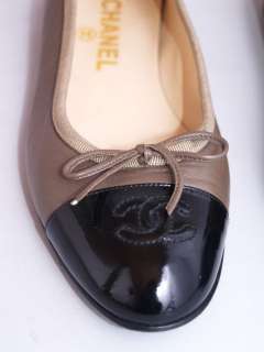 New CHANEL Taupe Black Patent TOE CAP Leather CC LOGO Bow Flats BALLET 