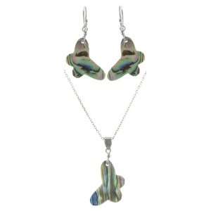 Sterling Silver Abalone Butterfly Shaped Drop Earrings and Pendant 