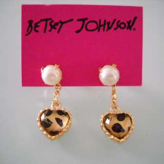 New Betsey Johnson Pierced Drop Earrings Gift FS Faux Pearl Leopard 