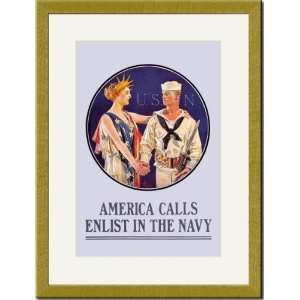 Gold Framed/Matted Print 17x23, America Calls   Enlist in the Navy 