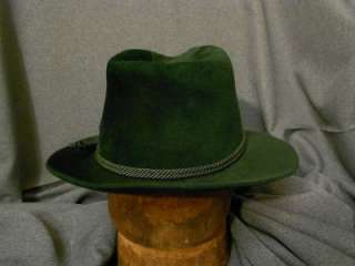 Vintage Forest Green Velour Fedora Hat, Braided String Hatband  