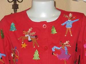 MICHAEL SIMON Red Christmas Silly Moose Novelty Cute Cardigan S  
