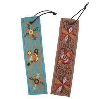 Pair Hand Embroidered Cotton Bookmark Leather Back Peru  