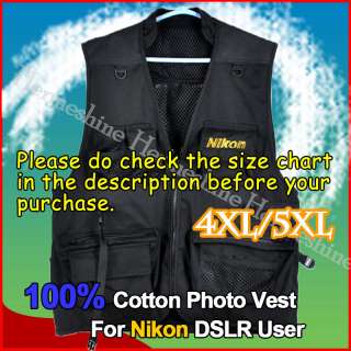 New Pro Photo Vest Black Cotton with Nikon Logo for Nikon fans 4XL 