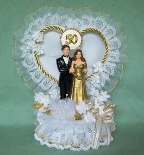50th Wedding Anniversary Cake Topper w/Bride & Groom Satin & Organza 
