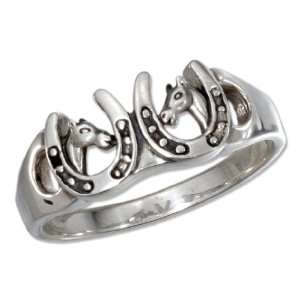 Sterling Silver Horseshoes and Horse Heads Ring (size 06 