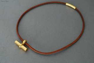 Authentic HERMES Goldtone x Brown Leather Necklace +Box  