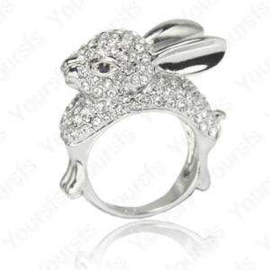   18K White Gold Plated Swarovski Crystal Mashimaro Rabbit Charm Ring 8