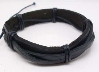 Handcraft black leather cord bracelet men/women w003  