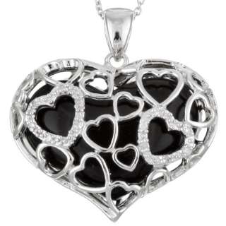   Leigh Sterling Silver Onyx and Diamond Heart Necklace  