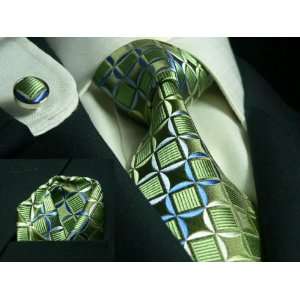  New Landisun Checked DOT Green Tie Set Silk Woven Tie+ 