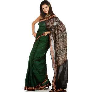 Handwoven Trekking Green Bomkai Sari with Bootis and Rudraksha Border 