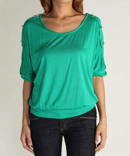   Button Detail DOLMAN Jersey TOP Stylish 3/4 Sleeve Banded Tee  