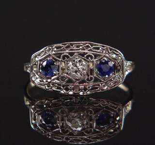 1900S Filigree Platinum 14K Sapphire Euro Diamond Ring  