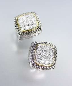   Style Balinese Silver Wheat Gold Pave CZ Crystals Square Post Earrings